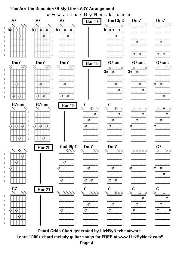 Chord Grids Chart of chord melody fingerstyle guitar song-You Are The Sunshine Of My Life- EASY Arrangement,generated by LickByNeck software.